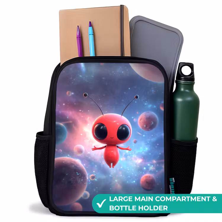 Kids backpack - Black - Red alien floating in colorful cosmos — 10