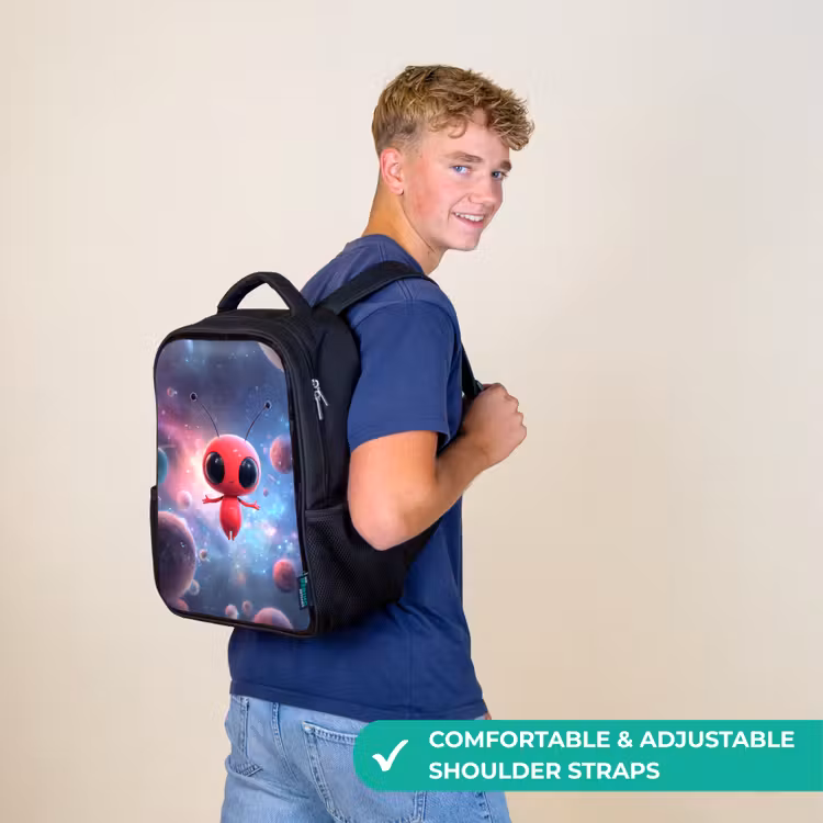 Kids backpack - Black - Red alien floating in colorful cosmos — 11