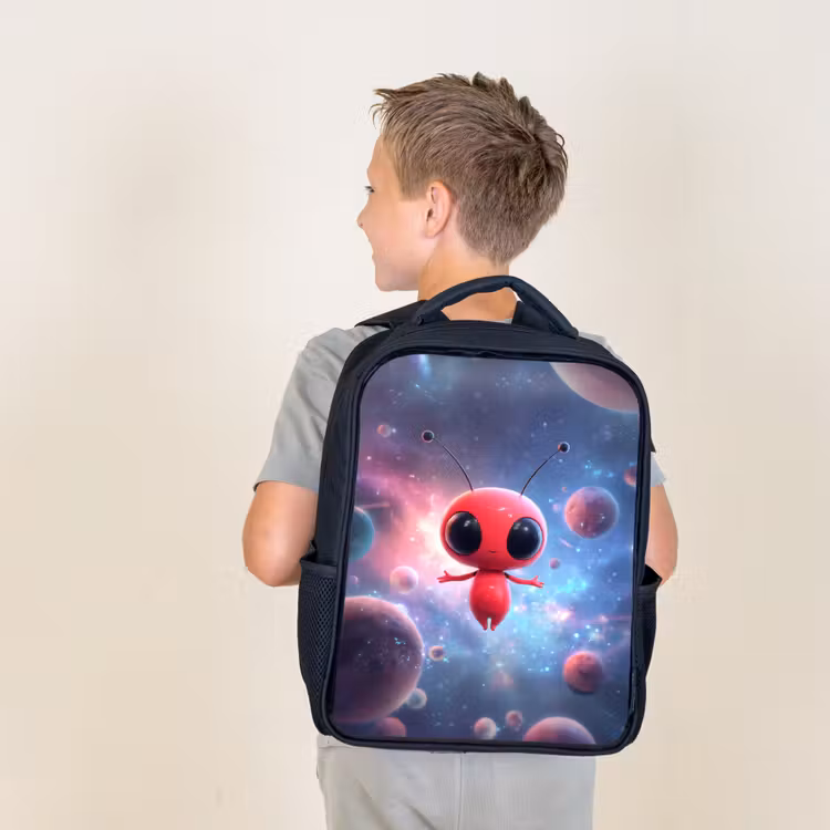 Kids backpack - Black - Red alien floating in colorful cosmos — 2