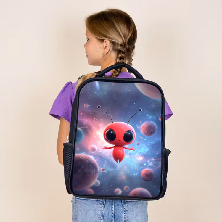 Kids backpack - Black - Red alien floating in colorful cosmos — 4
