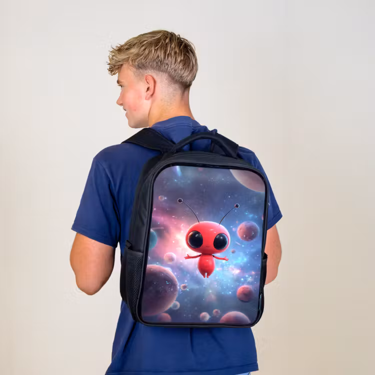 Kids backpack - Black - Red alien floating in colorful cosmos — 5