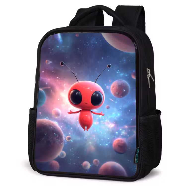 Kids backpack - Black - Red alien floating in colorful cosmos — 6