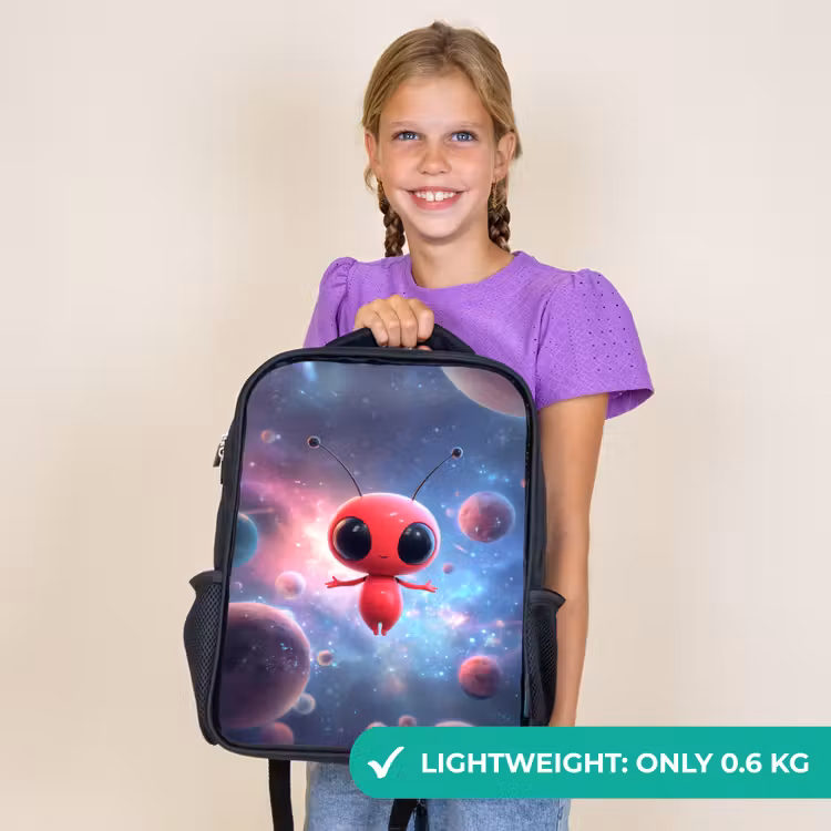 Kids backpack - Black - Red alien floating in colorful cosmos — 9