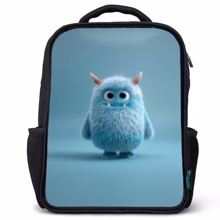 Kids backpack - Black - Soft fluffy monster with horns and big eyes — 1