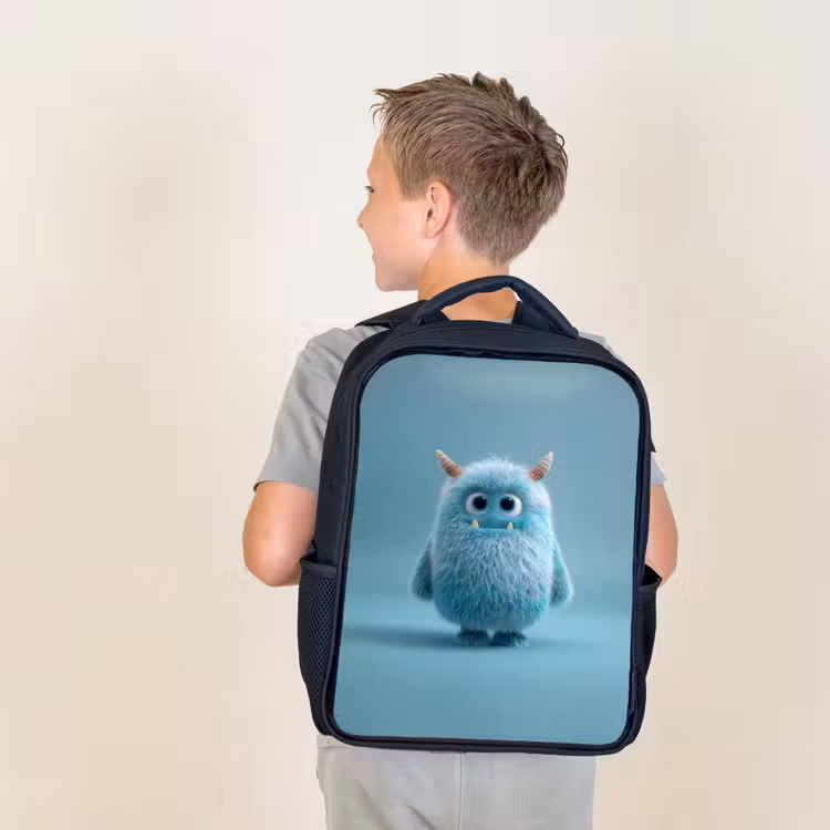Kids backpack - Black - Soft fluffy monster with horns and big eyes — 2
