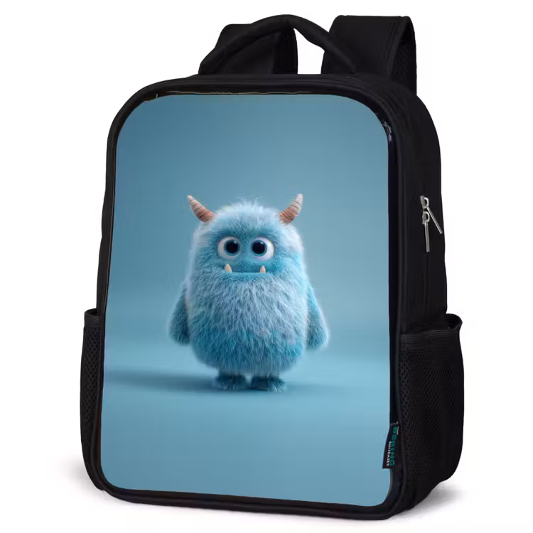 Kids backpack - Black - Soft fluffy monster with horns and big eyes — 6