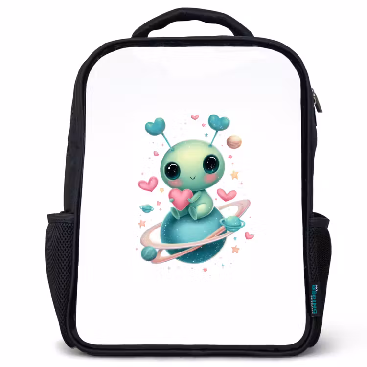 Kids backpack - Black - Space creature with heart antennas and planetary rings — 1