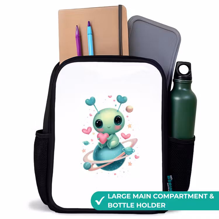 Kids backpack - Black - Space creature with heart antennas and planetary rings — 10