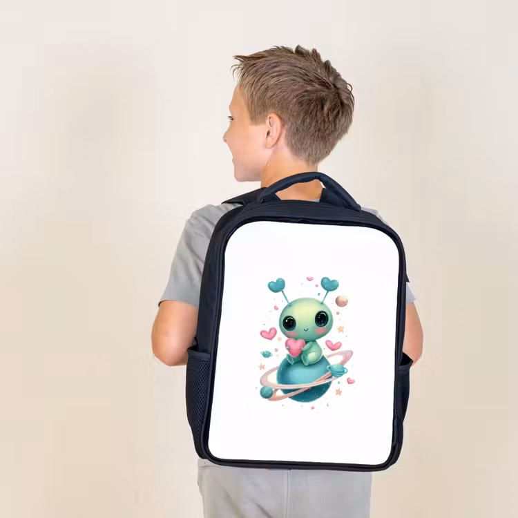 Kids backpack - Black - Space creature with heart antennas and planetary rings — 2