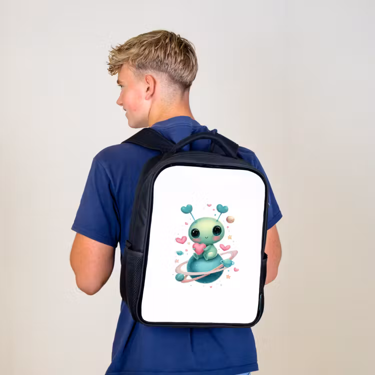 Kids backpack - Black - Space creature with heart antennas and planetary rings — 5
