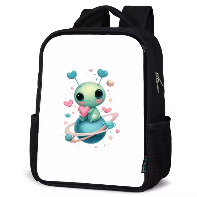 Kids backpack - Black - Space creature with heart antennas and planetary rings — 6
