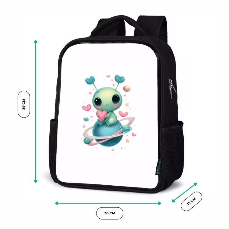 Kids backpack - Black - Space creature with heart antennas and planetary rings — 8