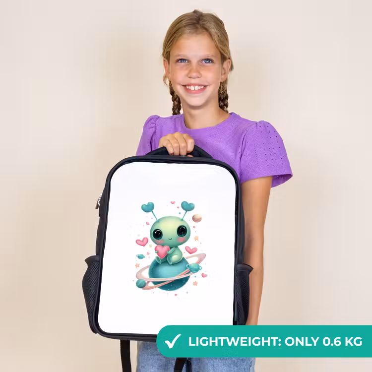 Kids backpack - Black - Space creature with heart antennas and planetary rings — 9