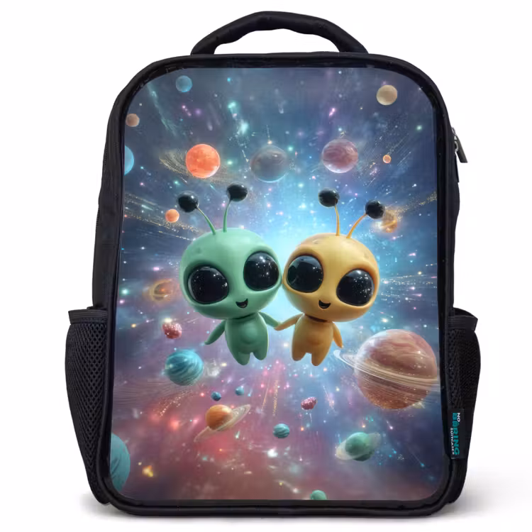 Kids backpack - Black - Space friends floating among the planets — 1