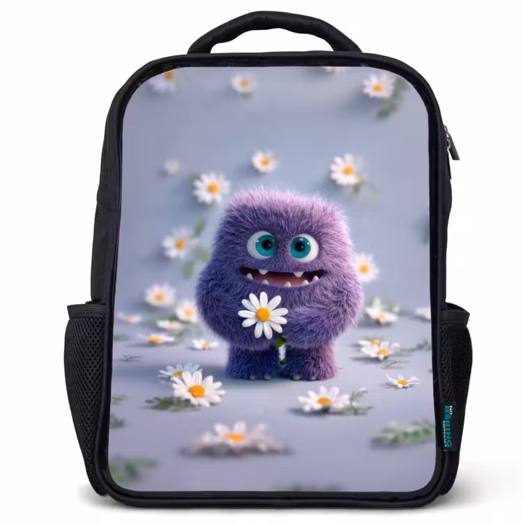 Kids backpack - Black - Sweet purple fluff monster with daisy — 1