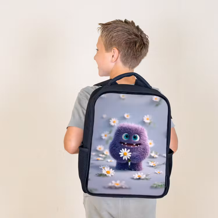 Kids backpack - Black - Sweet purple fluff monster with daisy — 2