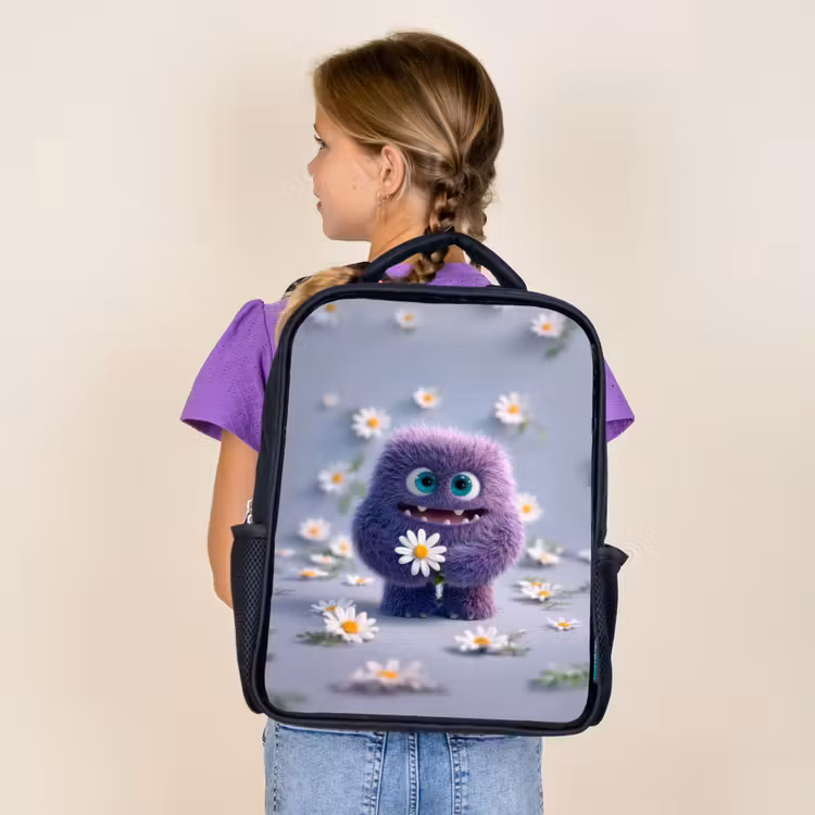 Kids backpack - Black - Sweet purple fluff monster with daisy — 4