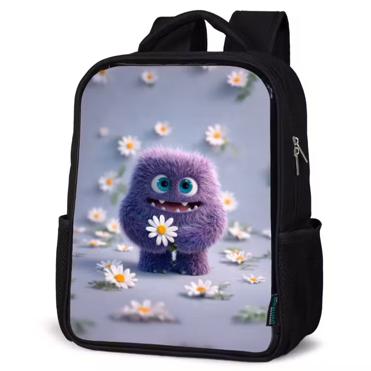 Kids backpack - Black - Sweet purple fluff monster with daisy — 6