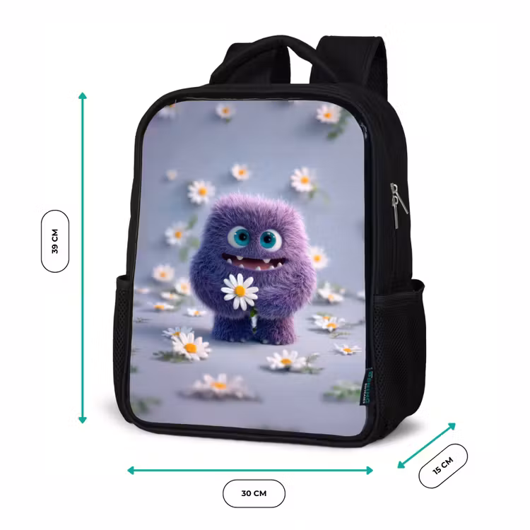 Kids backpack - Black - Sweet purple fluff monster with daisy — 8