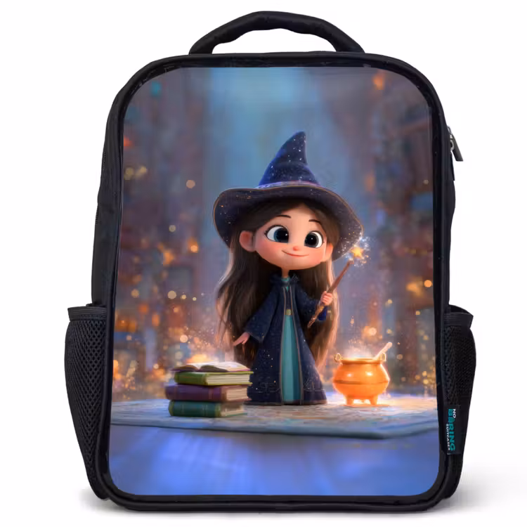 Kids backpack - Black - Sweet young sorceress with cauldron and wand — 1