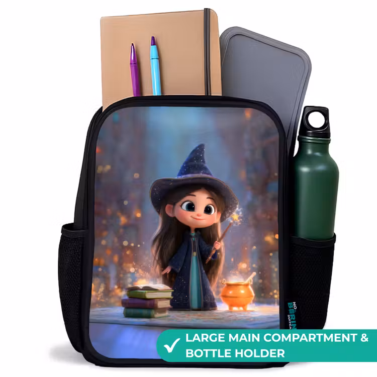 Kids backpack - Black - Sweet young sorceress with cauldron and wand — 10