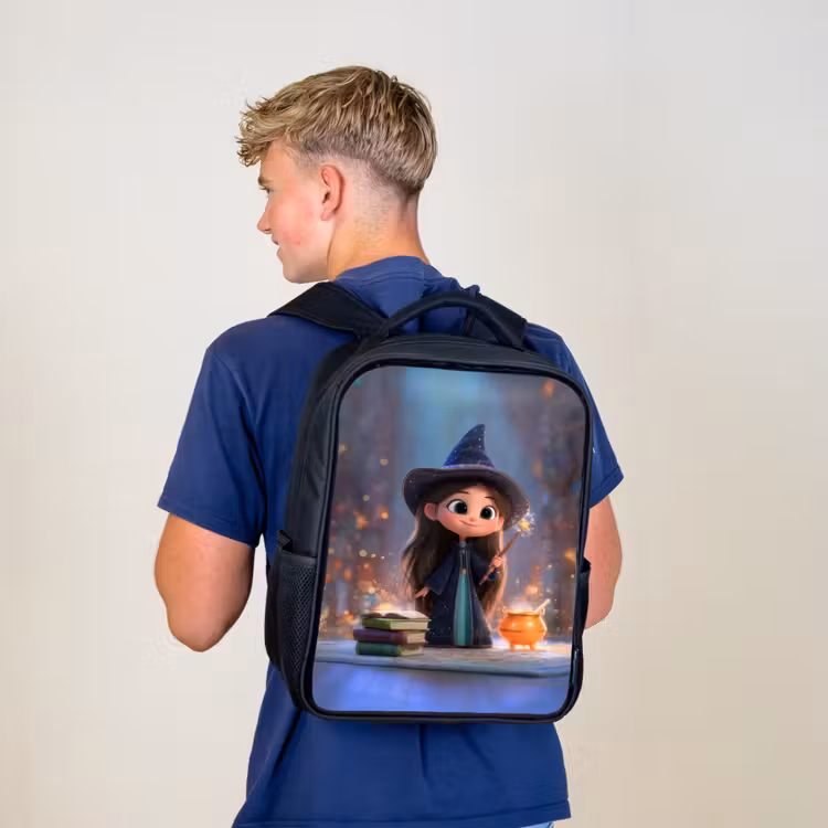 Kids backpack - Black - Sweet young sorceress with cauldron and wand — 5