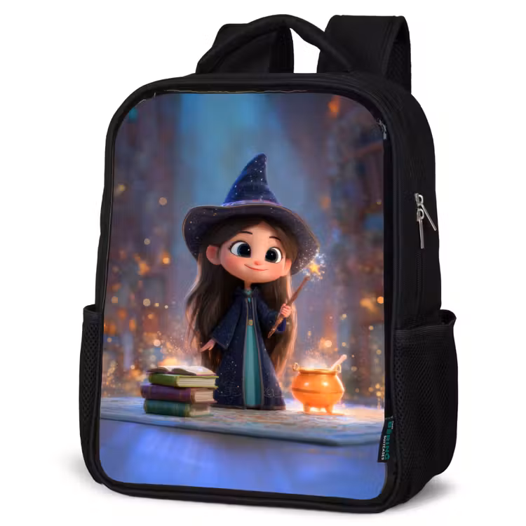 Kids backpack - Black - Sweet young sorceress with cauldron and wand — 6