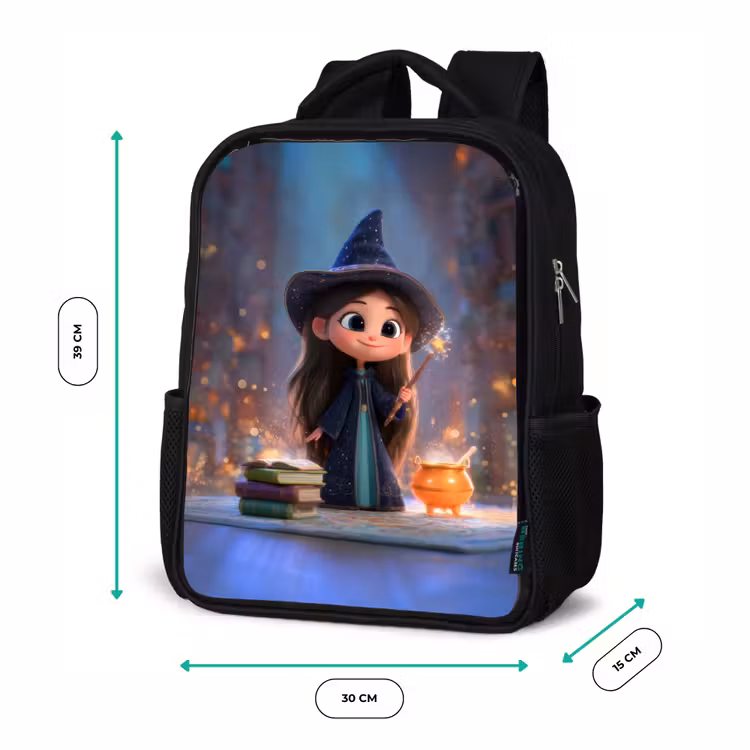 Kids backpack - Black - Sweet young sorceress with cauldron and wand — 8