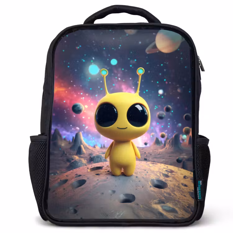 Kids backpack - Black - Yellow space creature with big eyes on a crater moon — 1