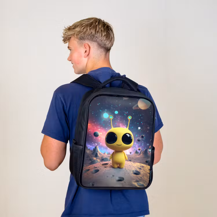 Kids backpack - Black - Yellow space creature with big eyes on a crater moon — 5