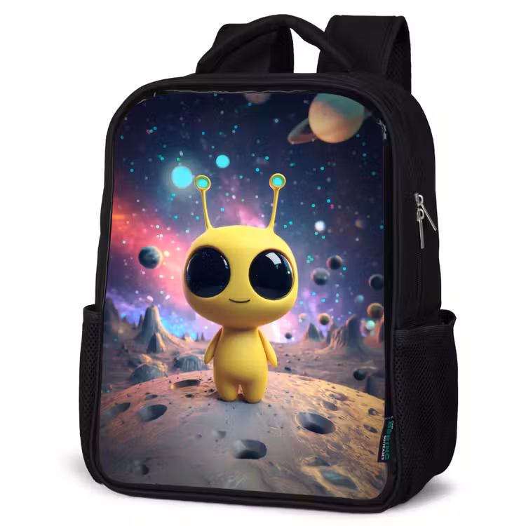 Kids backpack - Black - Yellow space creature with big eyes on a crater moon — 6