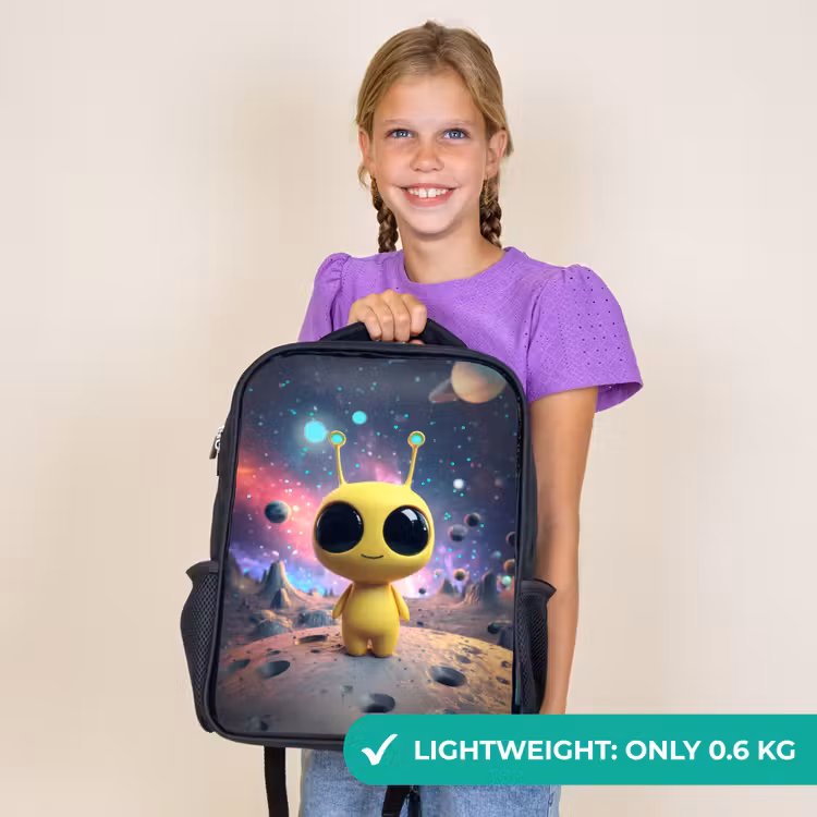 Kids backpack - Black - Yellow space creature with big eyes on a crater moon — 9