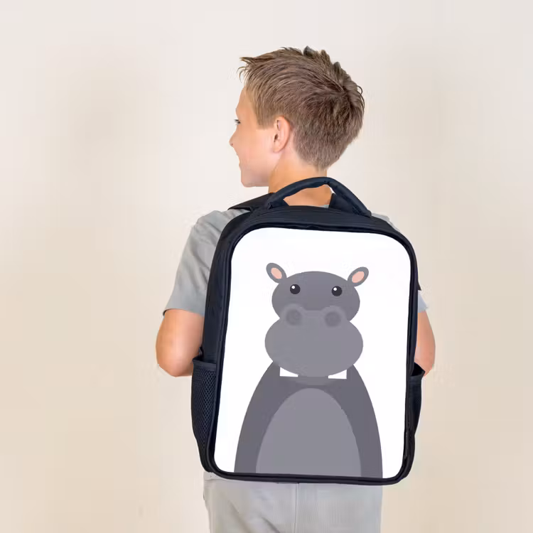 Kids backpack - Black - Animal portrait - hippopotamus - gray — 2