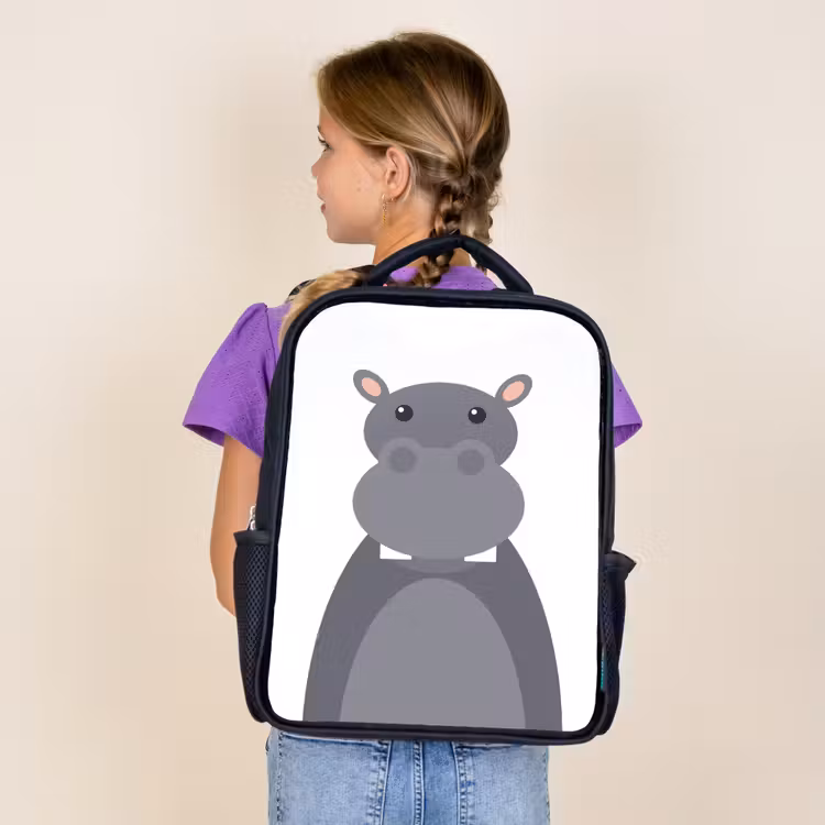 Kids backpack - Black - Animal portrait - hippopotamus - gray — 4