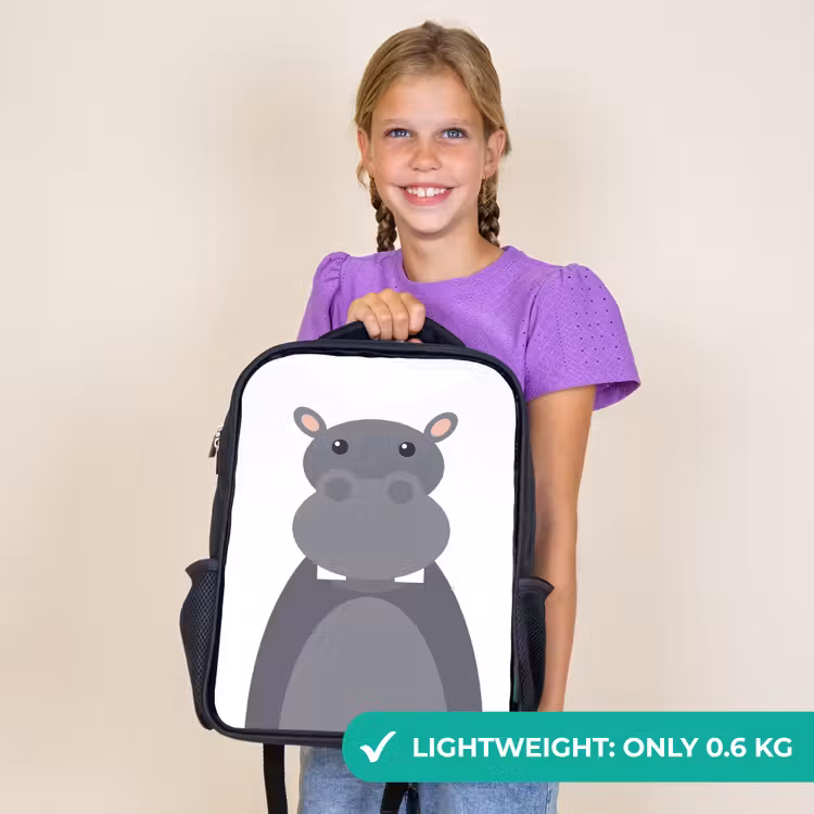 Kids backpack - Black - Animal portrait - hippopotamus - gray — 9