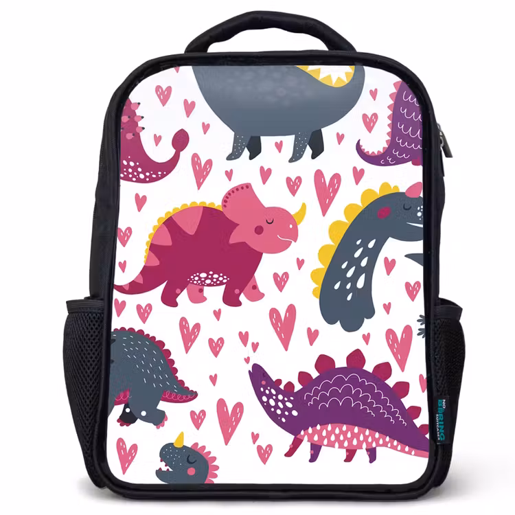 Kids backpack - Black - Dino - Heart - Patterns - Pink - Girls - Dinosaur — 1