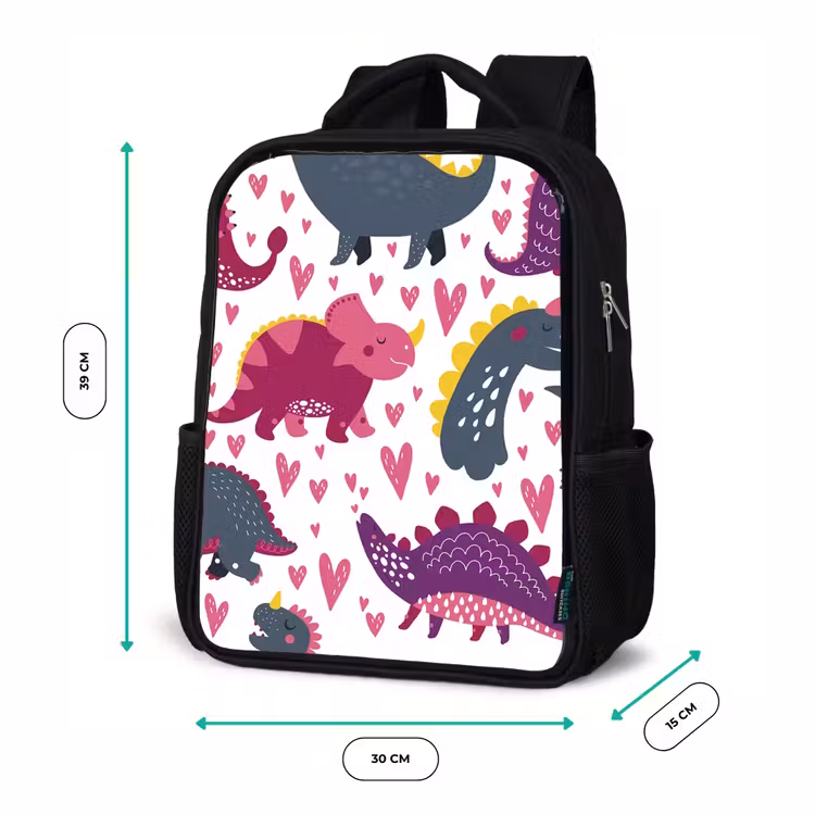 Kids backpack - Black - Dino - Heart - Patterns - Pink - Girls - Dinosaur — 8