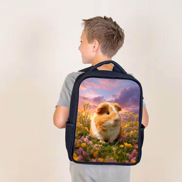 Kids backpack - Black - Guinea pig in sunset pasture — 2