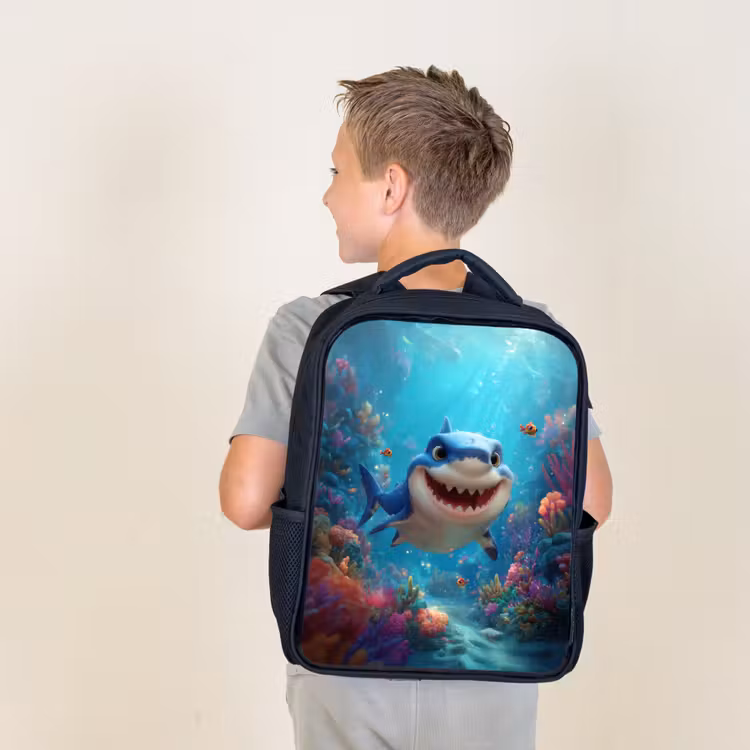 Kids backpack - Black - Happy shark in coral paradise — 2