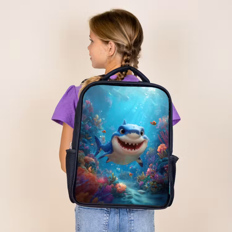 Kids backpack - Black - Happy shark in coral paradise — 4