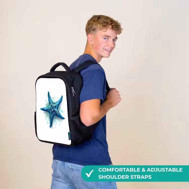 Kids backpack - Black - Starfish splendor on white canvas — 11