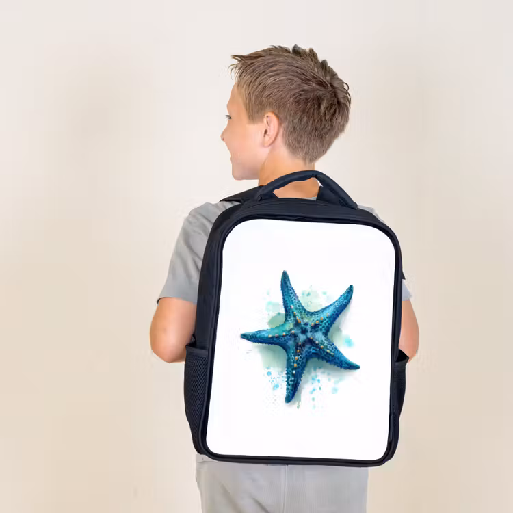 Kids backpack - Black - Starfish splendor on white canvas — 2