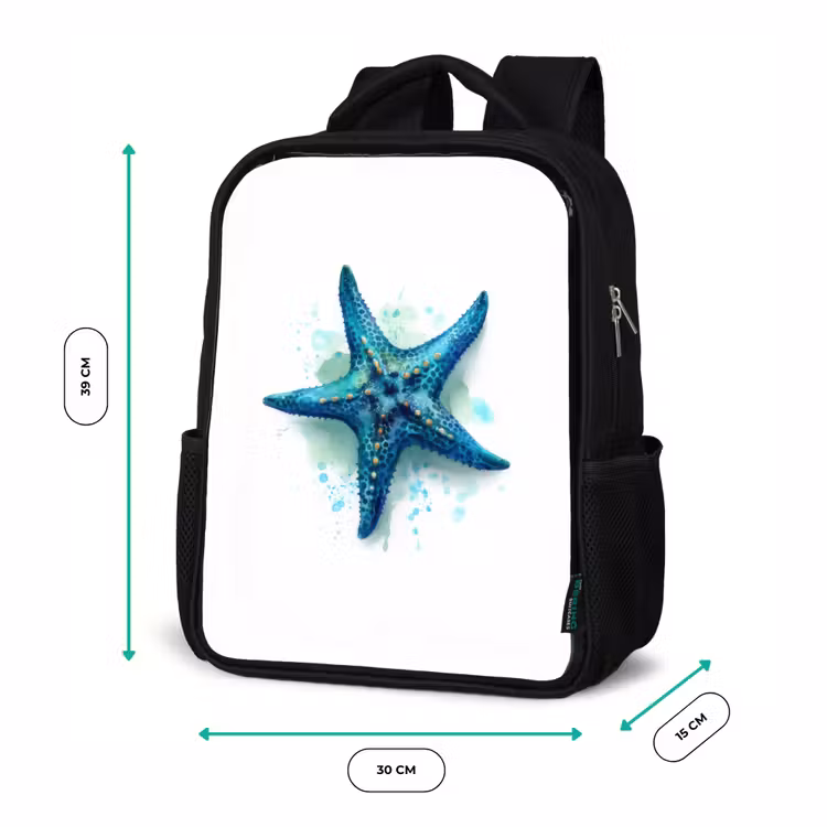Kids backpack - Black - Starfish splendor on white canvas — 8