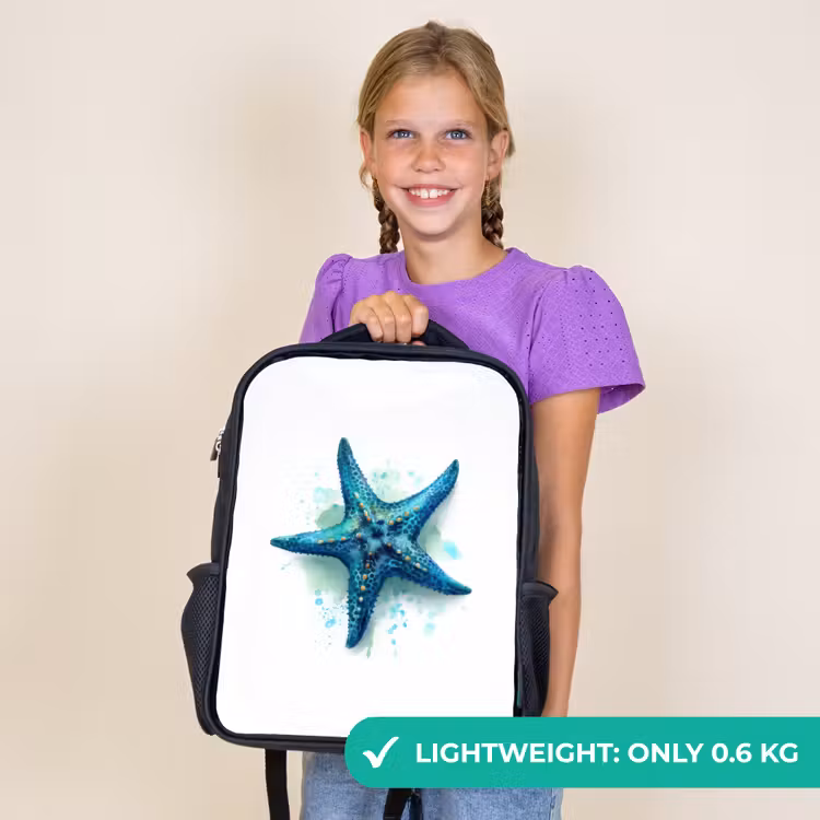 Kids backpack - Black - Starfish splendor on white canvas — 9