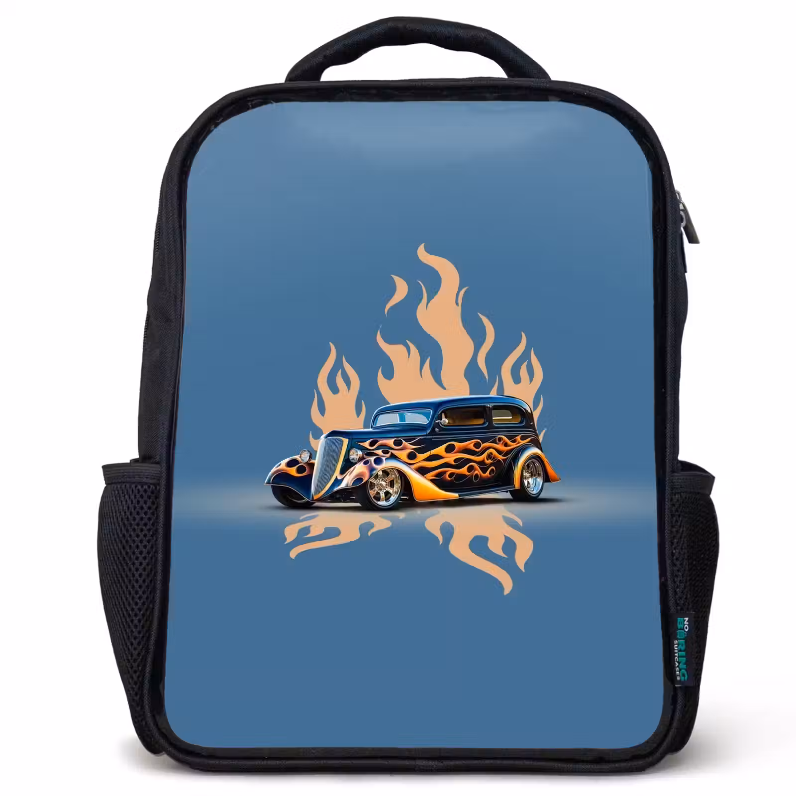 Kids backpack - Black - Black car with beige flames — 1