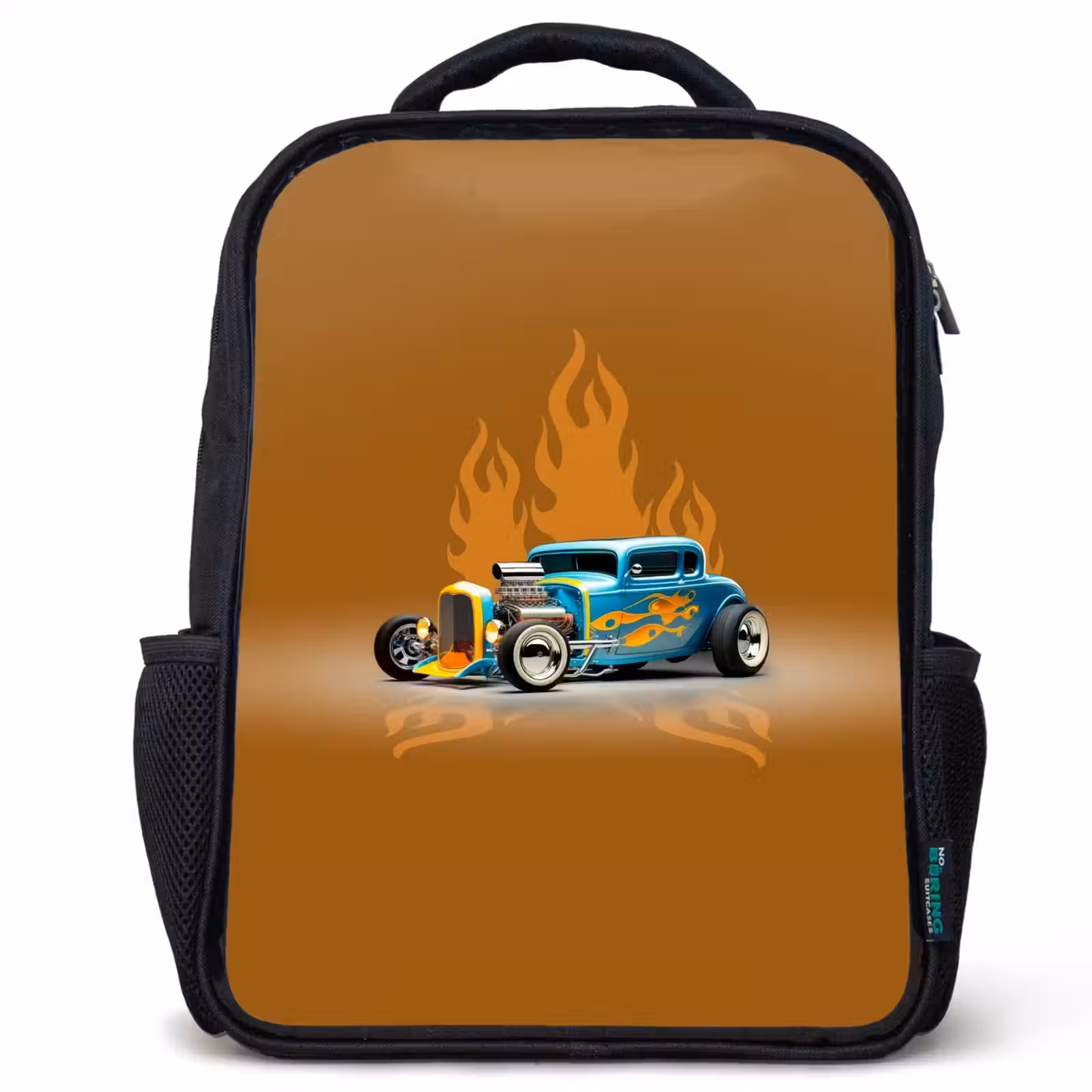 Kids backpack - Black - Blue car with yellow flames — 1