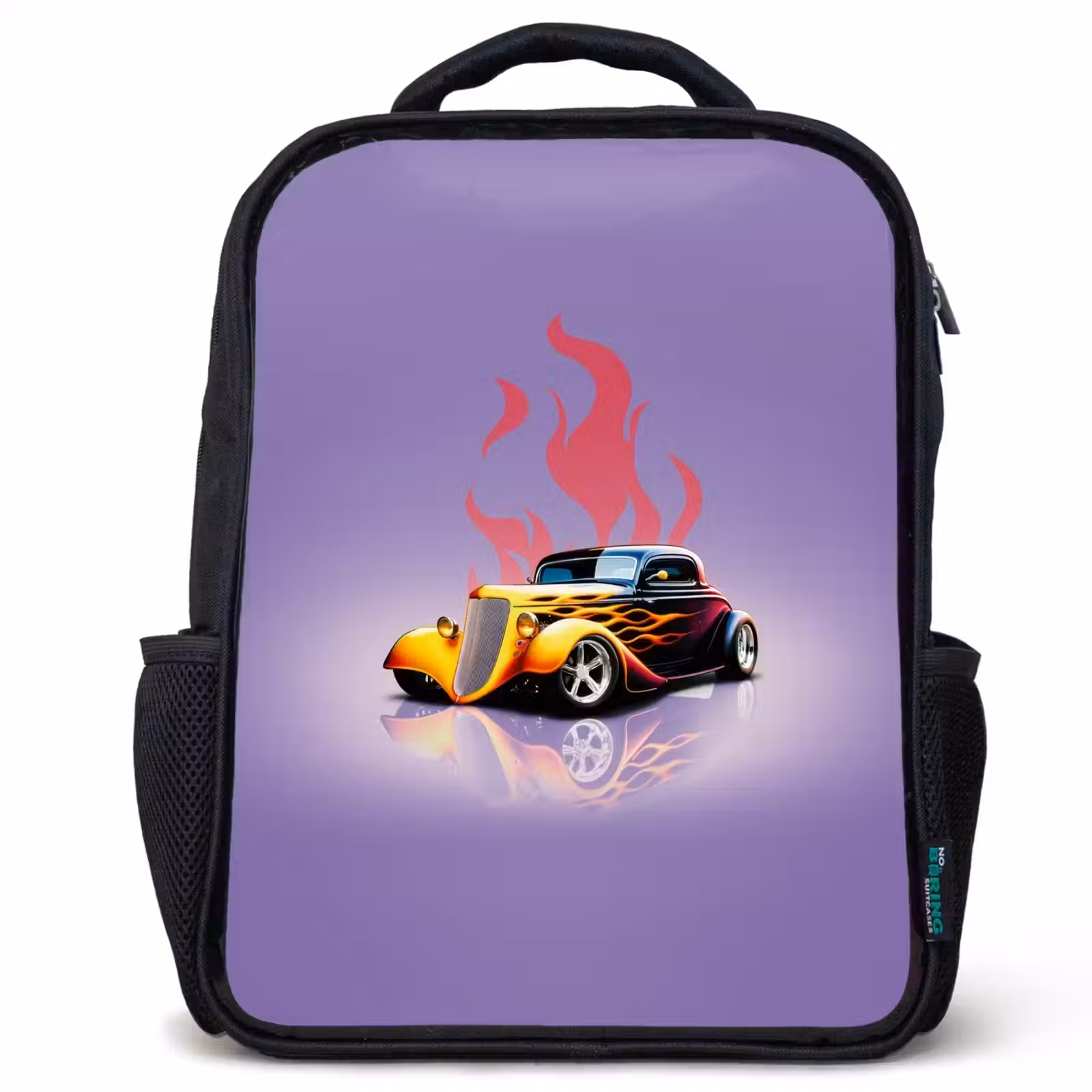 Kids backpack - Black - Yellow car with pink flames — 1