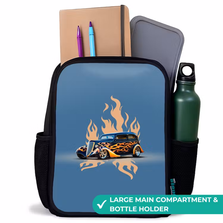 Kids backpack - Black - Black car with beige flames — 10
