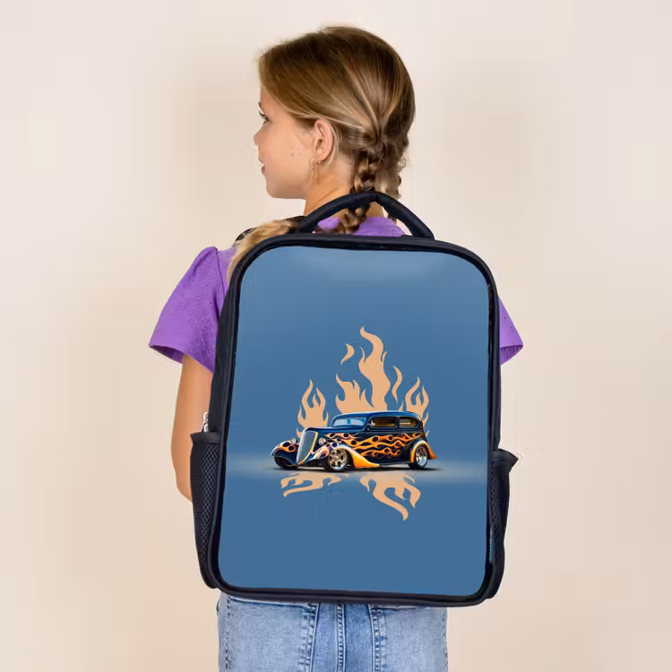Kids backpack - Black - Black car with beige flames — 4