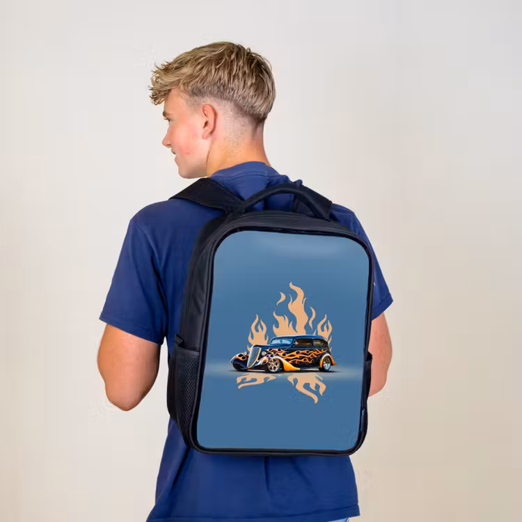 Kids backpack - Black - Black car with beige flames — 5